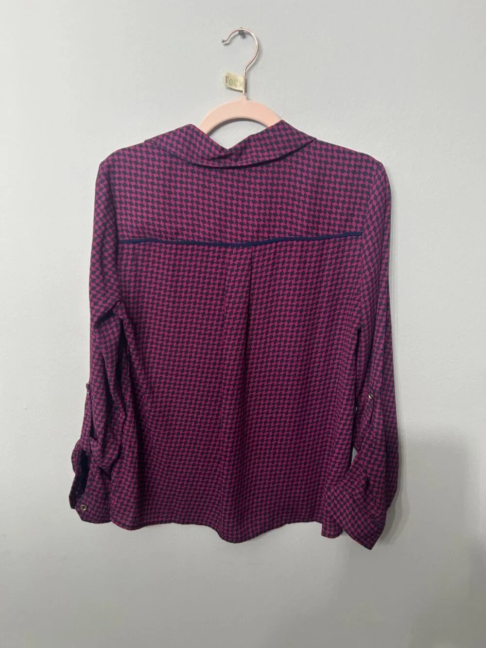 Women’s Michael Kors Pink Navy Geometric Zip Blouse Medium Roll Tab
